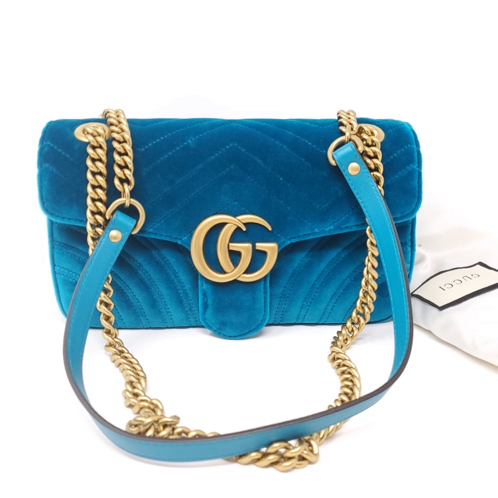 Gucci Small Marmont Velvet Chevron Teal Crossbody - Picture 2 of 12